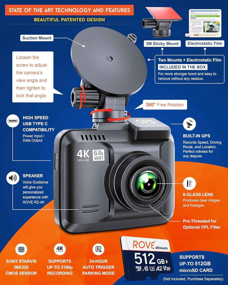 rove r2-4k 2160p dash cam with wifi 6 gps and 2.4 inch ips screen