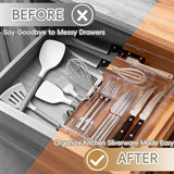 Expandable Silverware Organizers for Kitchen Drawer, Clear Utensil Drawer Organizer Tray, Adjustable Cutlery Flatware Holder for Spoon Fork Knife, Plastic Spatula Tools Gadgets Storage Divider