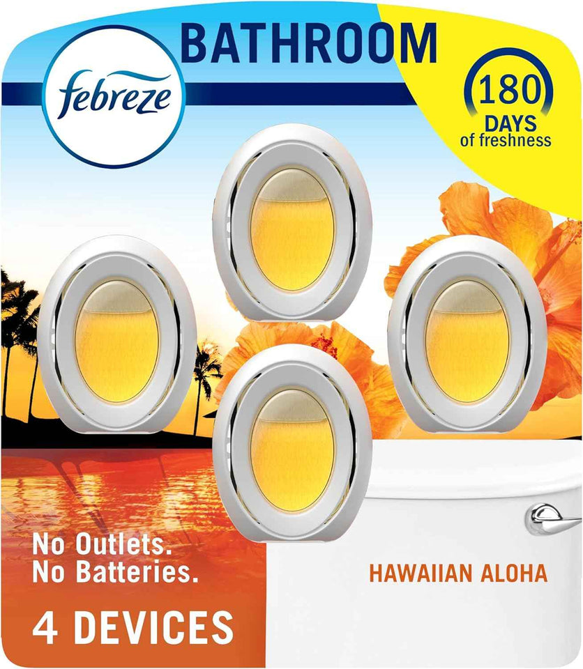 Febreze Bathroom Air Freshener, Odor-Fighting, Plug In Alternative, Air Fresheners for Home, Bathroom, & Kitchen, Closet Air Fresheners, Pet & Litter Box Odor Fighter, Refresh & Energize Scent, 4ct