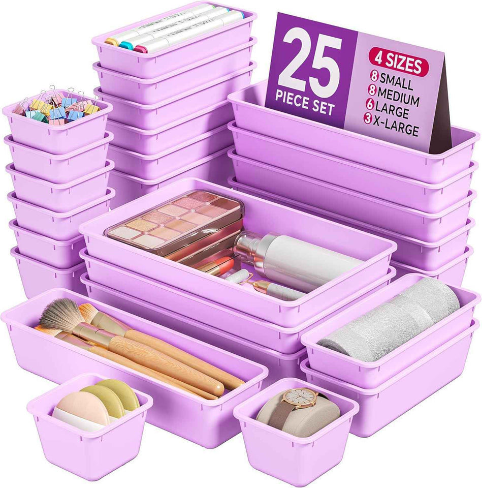 25 PCS Plastic Drawer Organizers Set, 4 Sizes Vanity Organizer, Makeup and Desk Drawer Organizer Trays, Organization and Storage for Makeup, Bathroom, Kitchen Utensils and Office (Black)