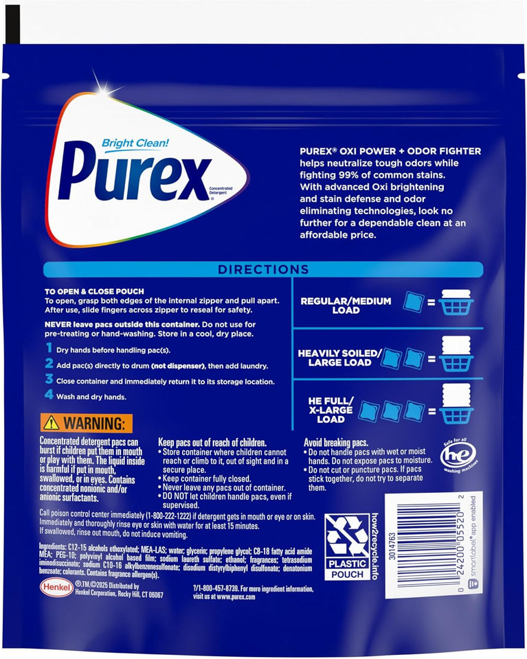Purex 4-in-1 Oxi Power + Odor Fighter Laundry Detergent Pacs, Fresh Morning Burst, 56 Count