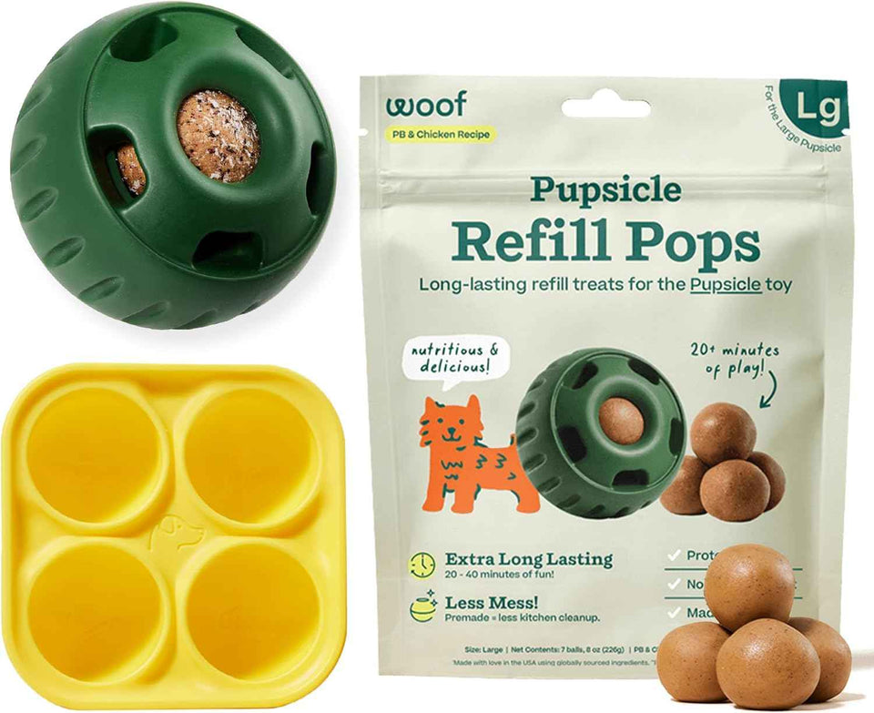 WOOF Starter Pack - Interactive Dog Toys for Boredom - Dog Treat Molds Silicone - Chicken-Flavored Healthy Treats for Dogs - Pupsicle Doggy Enrichment Toy - for Small Pups - 10-25 lbs