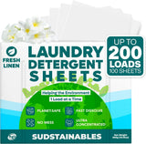 Sudstainables Laundry Detergent Sheets (200 Loads) – Eco-Friendly, Zero Waste, Plastic-Free Laundry Washing Machines Soap Sheets; Dissolvable, Space-Saving Strips for Travel (Fresh Linen)