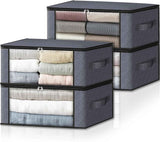 HomeHacks Storage 3-Pack Clothes Organizer Storage Bags Foldable Storage Box with Large Clear Window Sturdy Handles for Closet, Dorm, Pillows, Bedding, Clothes, Blankets, 35L, Gray