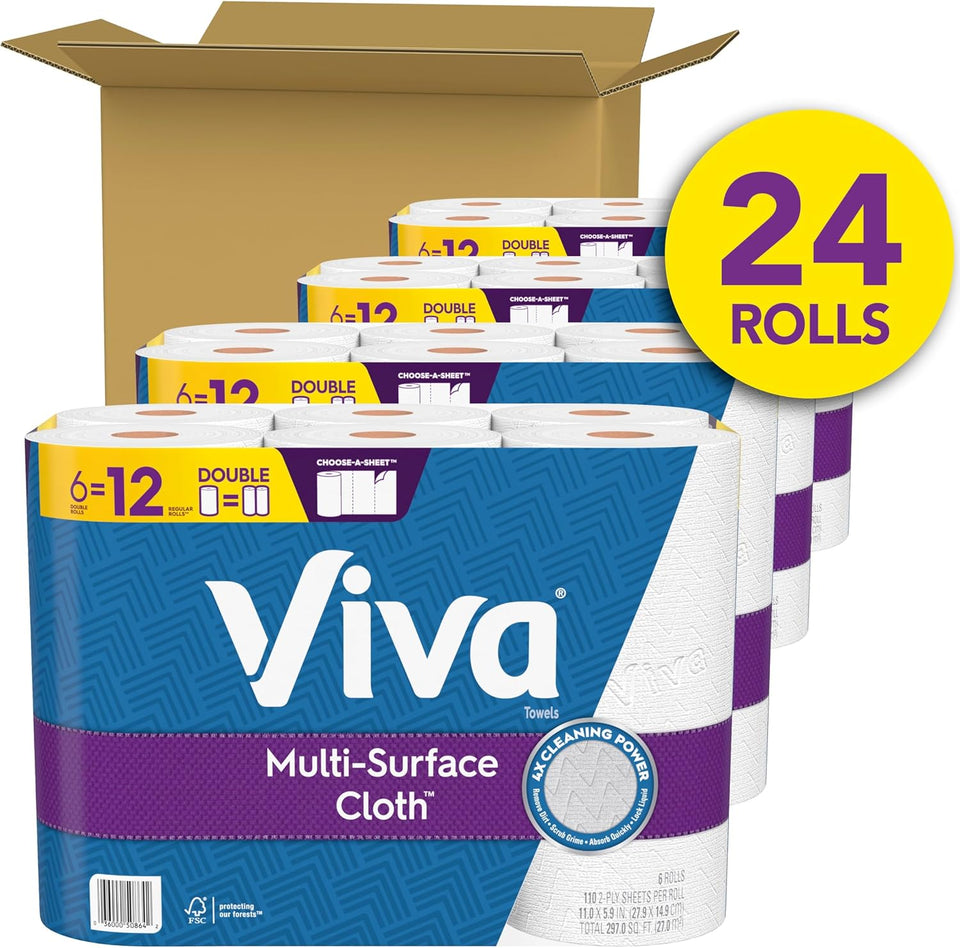 Viva Multi-Surface Cloth Paper Towels, 24 Double Rolls, Soft and Absorbent, 110 Sheets Per Roll, 4 Packs of 6