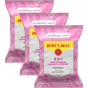 Burt's Bees 30 ct Rose Water Facial Towelettes, Hydrating Micellar Makeup Remover Wipes for All Skin Types, 3-Pack