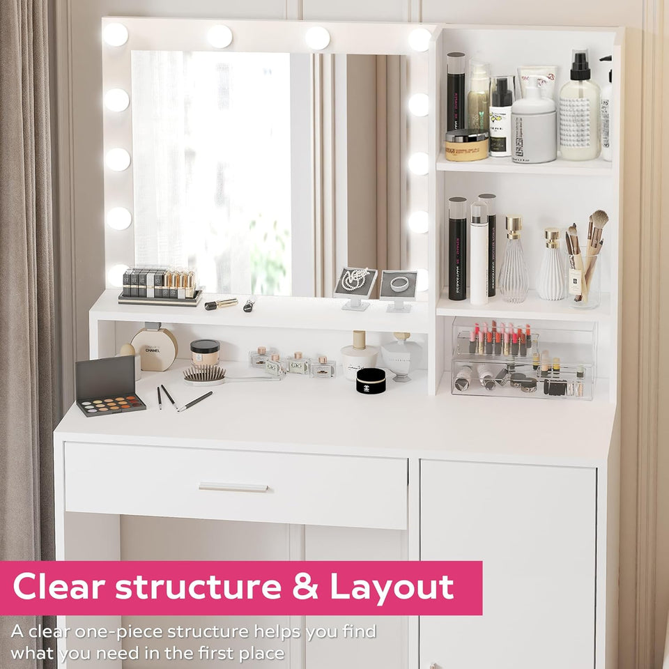 Vanity Desk with Mirror and Light, Large Drawer and Three Level Storage Dresser, 3 Lighting Modes Adjustable Brightness, Bedroom Dressing Table (White)