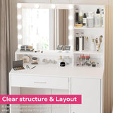 Vanity Desk with Mirror and Light, Large Drawer and Three Level Storage Dresser, 3 Lighting Modes Adjustable Brightness, Bedroom Dressing Table (White)