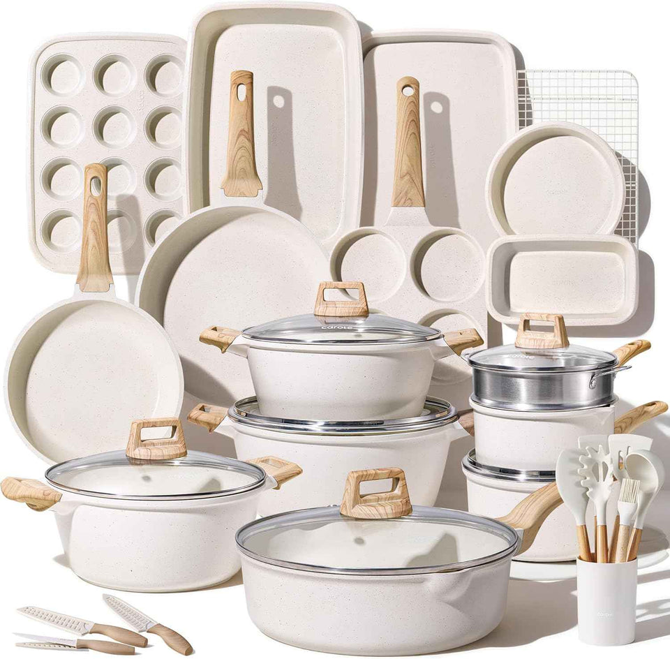 CAROTE 21Pcs Pots and Pans Set, Nonstick Cookware Sets, White Granite Induction Cookware Non Stick Cooking Set w/Frying Pans & Saucepans(PFOS, PFOA Free)