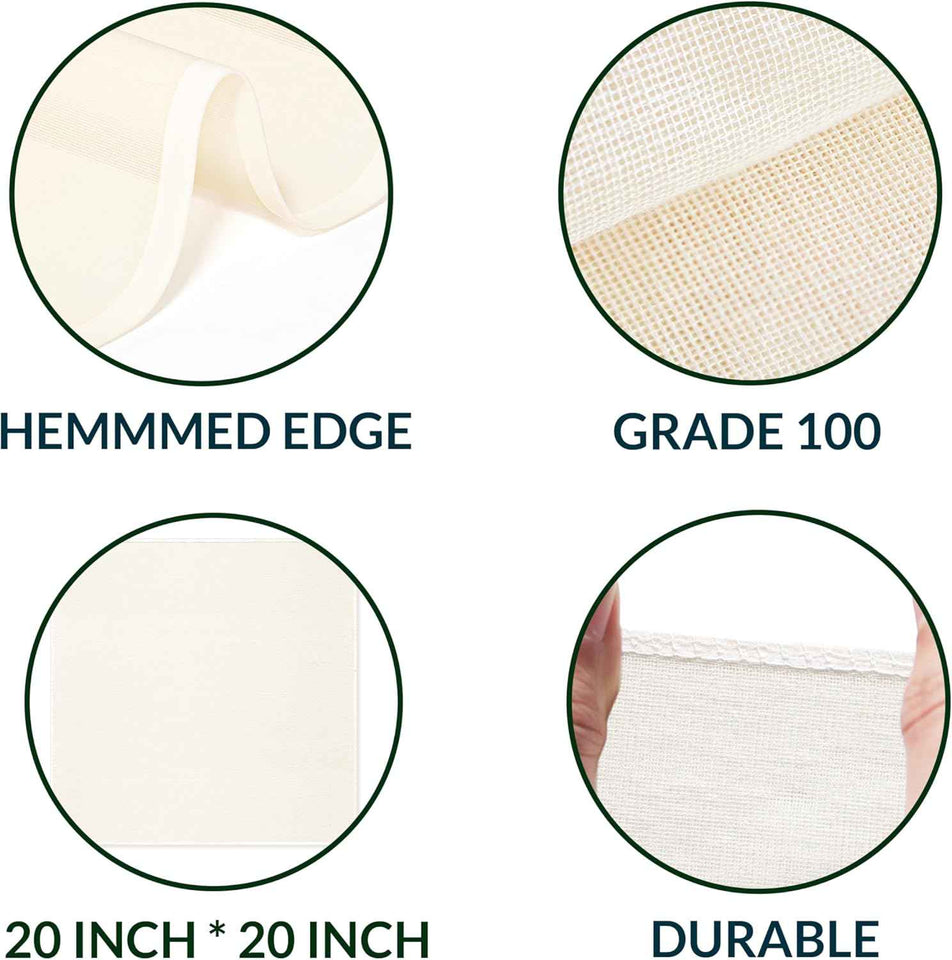 6-Pack Cheesecloth, 20x20 Inch Hemmed Cheese Cloth for Straining, Reusable Unbleached Cotton Strainer for Cooking, Baking, Juicing, and Cheese Making (Grade 100)