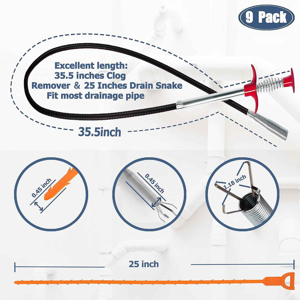 35.5inch Drain Clog Remover, 25inch Drain Snake Hair Remover & Cleaning Brush, 9 Pack Hair Catcher Drain Auger Cleaner Tool Set