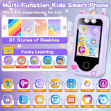 Purple 2.8" touchscreen kids phone for 3-10 year old girls, dual camera, music player, and learning games