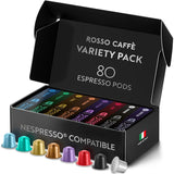 rosso caffè espresso coffee pods, 80 capsules, 8 signature flavors, made in italy, medium to dark roast