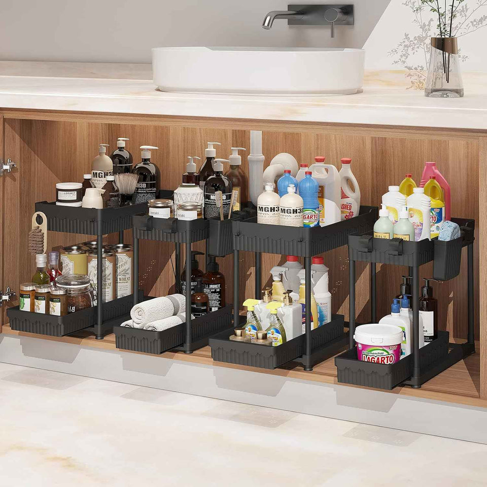 4-Pack Under Sink Organizer: 2-Tier Pull-Out Cabinet Storage with Hooks