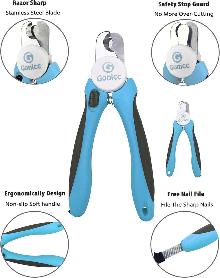 gonicc dog & cat nail clippers with safety guard and free nail file for professional pet grooming