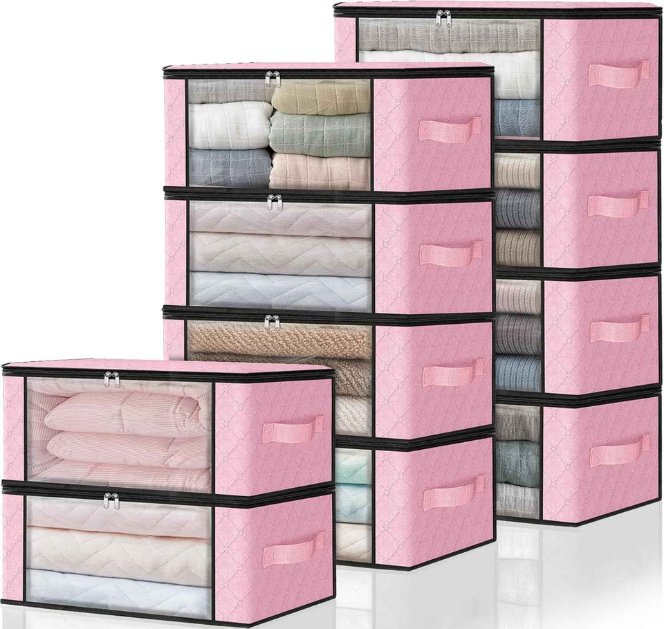 HomeHacks Storage 3-Pack Clothes Organizer Storage Bags Foldable Storage Box with Large Clear Window Sturdy Handles for Closet, Dorm, Pillows, Bedding, Clothes, Blankets, 35L, Gray