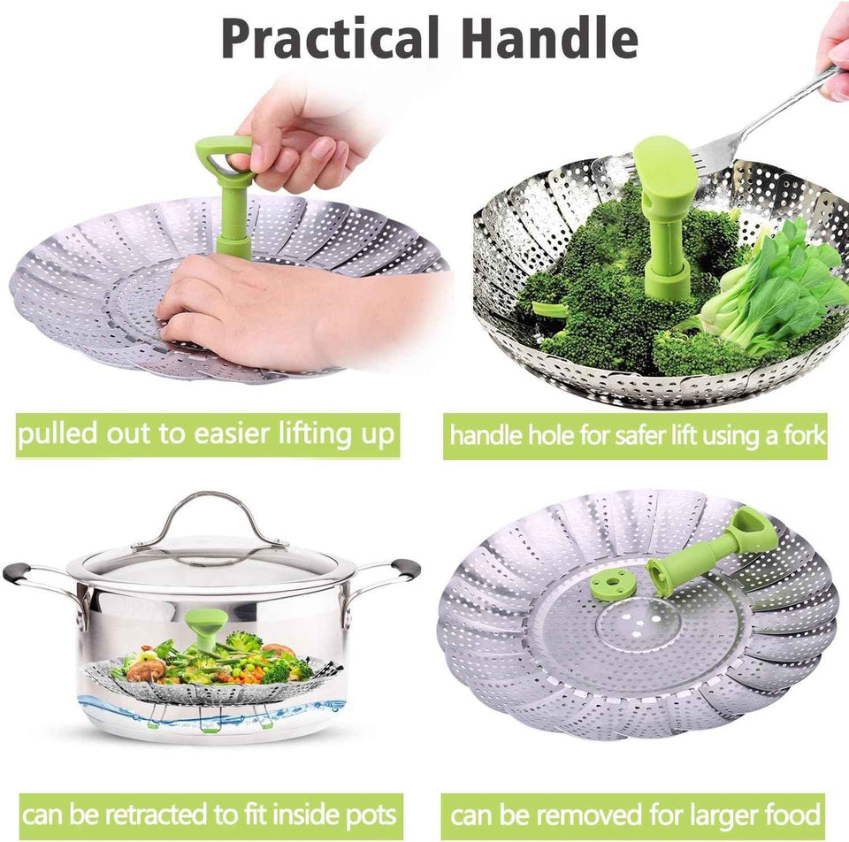 Stainless Steel Veggie Steam Basket for Pot, Foldable and Expandable Steaming Insert with Extendable Handle Fits 5.1" to 9" Pots