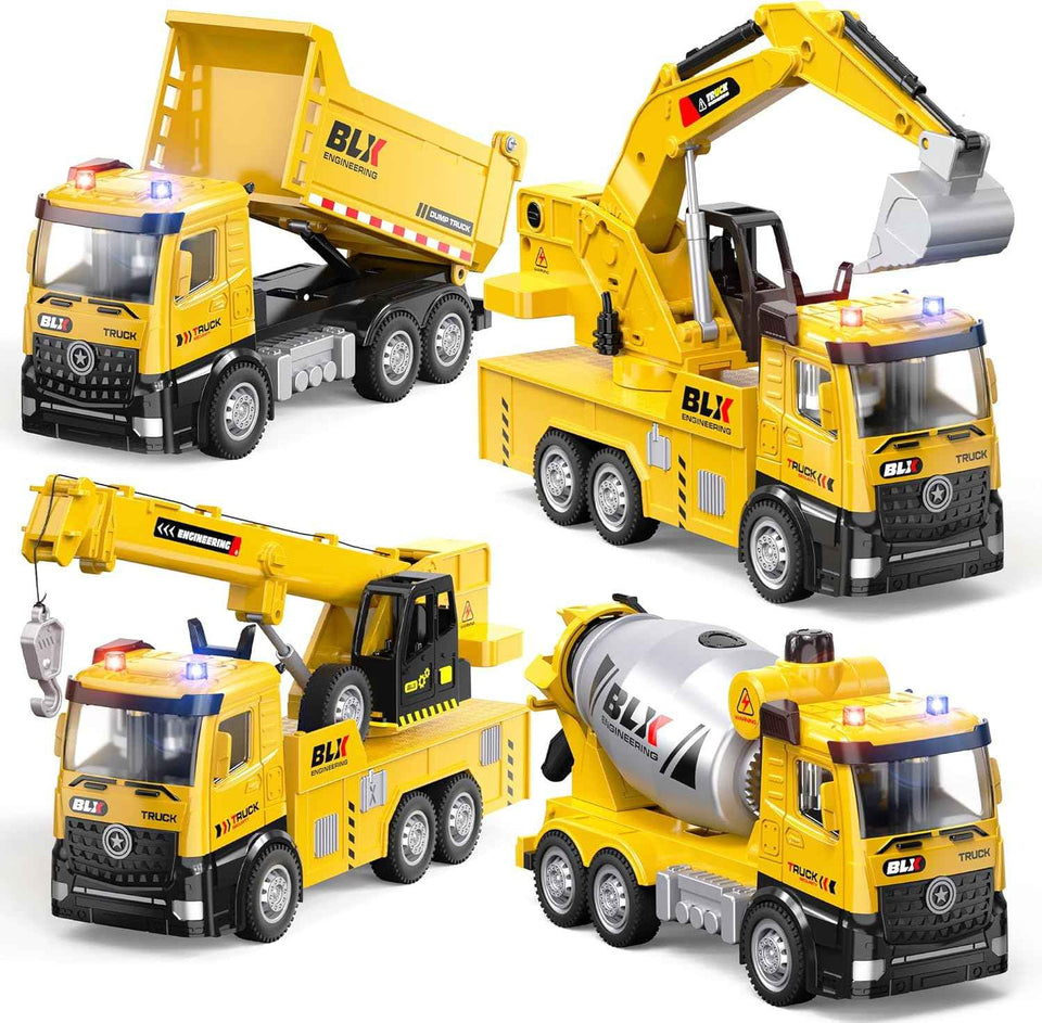 4pcs alloy construction truck toys, 9 inch light & sound vehicles for 2-4 year old boys, toddler kids gifts