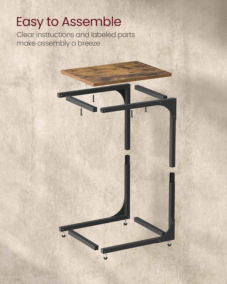 VASAGLE C-Shaped End Table, Small Side Table for Couch, Sofa Table with Metal Frame for Living Room, Bedroom, Bedside, Rustic Brown and Black