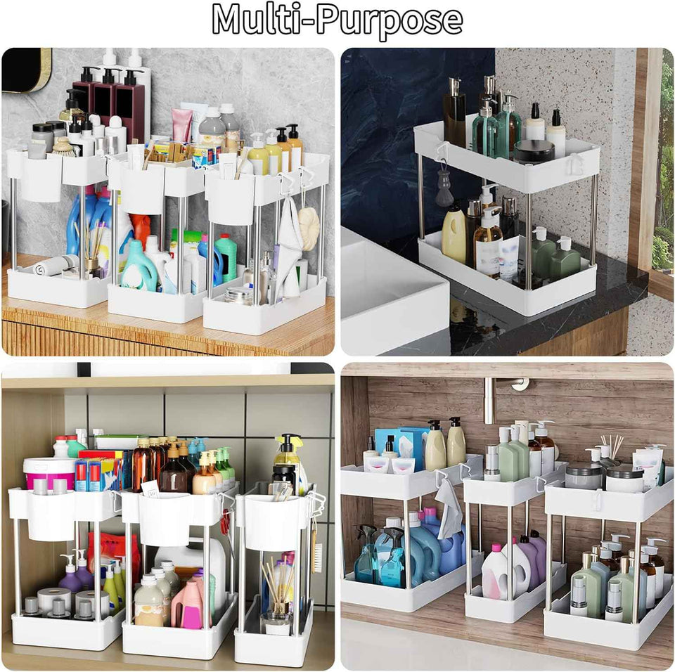 3 Pack Under Sink Organizers and Storage, 2 Tier Bathroom Cabinet Organizer Shelf with Hanging Cups for Kitchen & Bathroom (White)