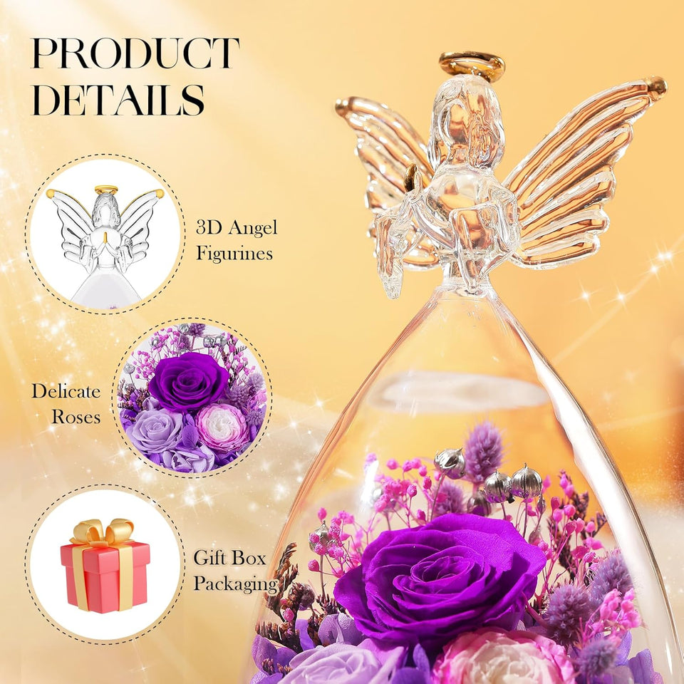 Mothers Day Roses Gifts for Mom Forever Preserved Real Roses Flowers in Glass Angel Figurines Fresh Flowers for Delivery for Grandma Women Mom Wife from Daughter/Purple