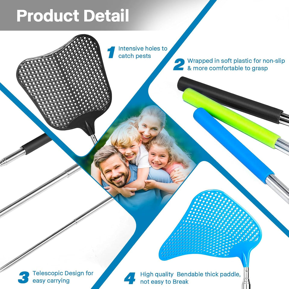 Telescopic Fly Swatter, Begonia Fly Swatter for Indoors,Manual Plastic Flyswatter Heavy Duty with Stainless Steel Telescopic Handle (3 Pack)