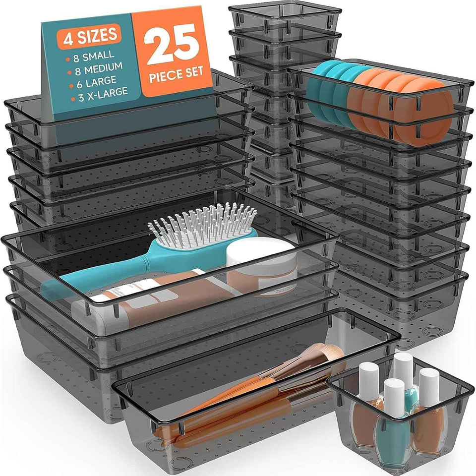 25 PCS Plastic Drawer Organizer Set with 4-Size Trays for Makeup, Jewelry, and Gadgets Storage and Organization