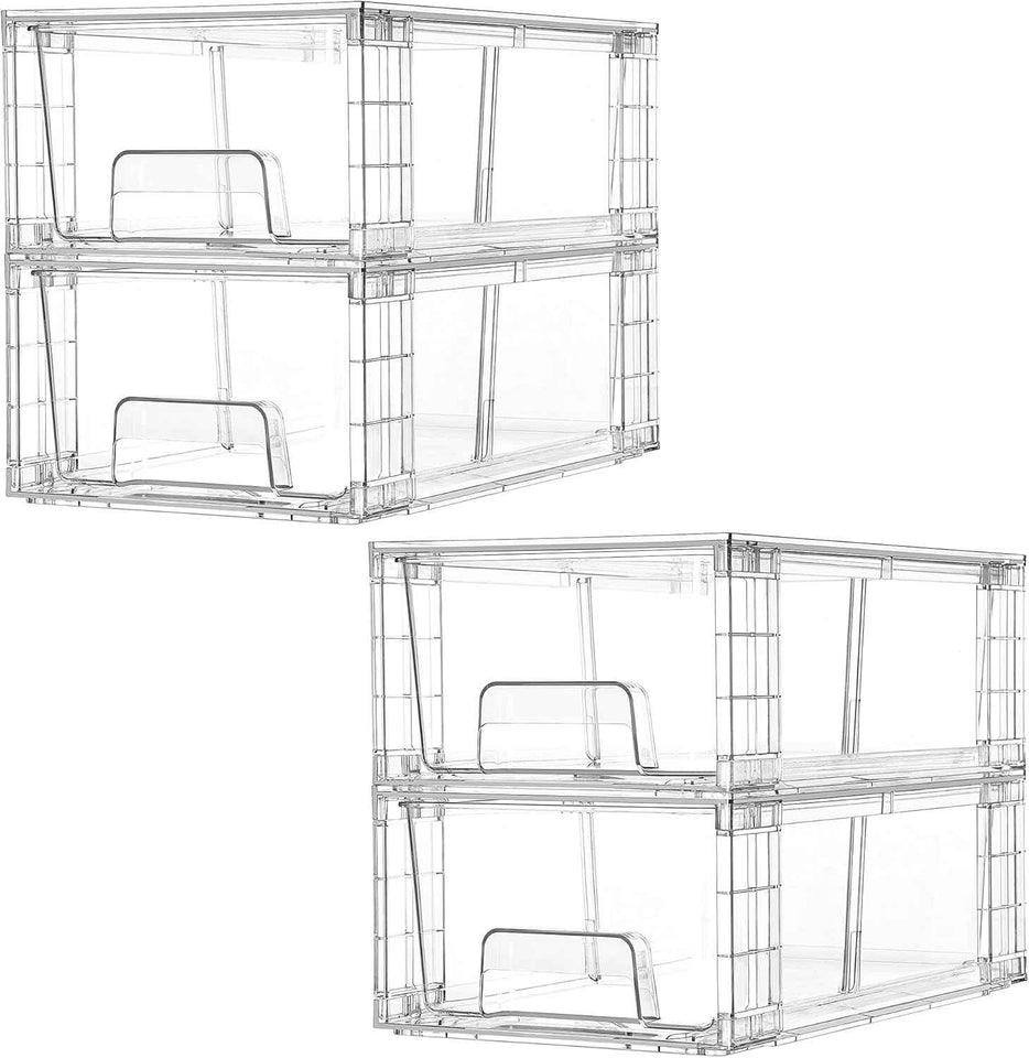 Vtopmart 4 Pack Stackable Storage Drawers, Clear Acrylic Drawer Organizers with Handles for Fridge, Bathroom, Kitchen, Undersink, Cabinet, Pantry