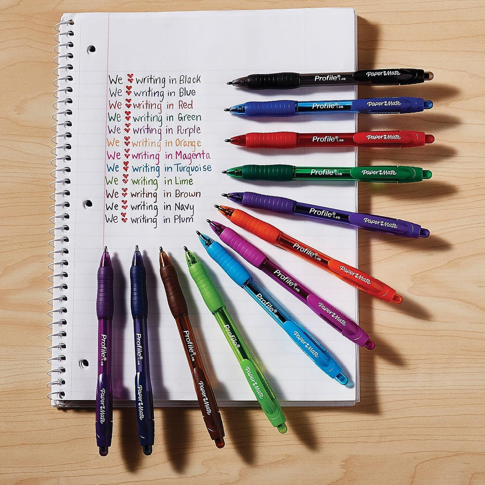 Paper Mate Profile Retractable Ballpoint Pens Bold, 1.4mm, Assorted Colors, 12 Count - Back to School, Home, Office, Teacher Supplies