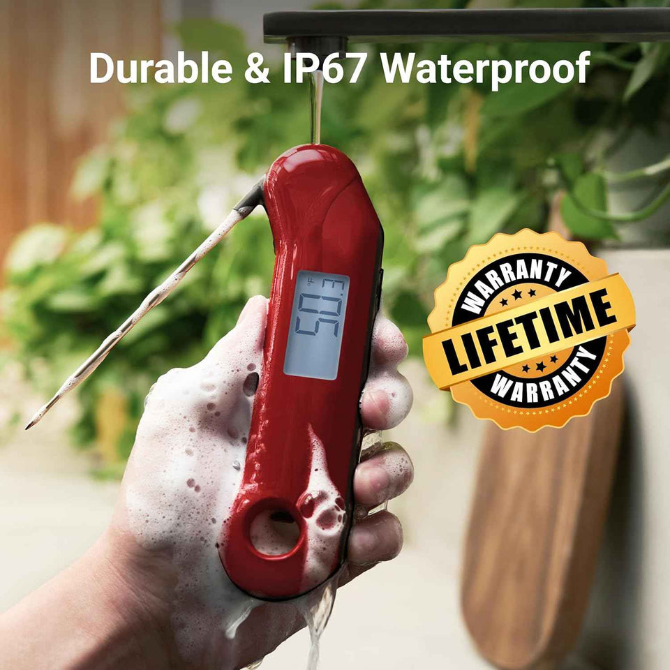 NIST certified digital meat thermometer with instant read, waterproof, and backlit display for precise temperature reading in BBQ, smoker, grill, candy, and cooking applications