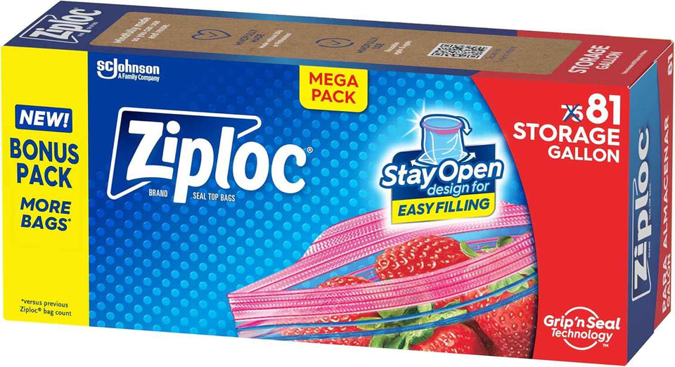 Ziploc Gallon Food Storage Bags with Stand-Up Bottom and Easy Fill Design