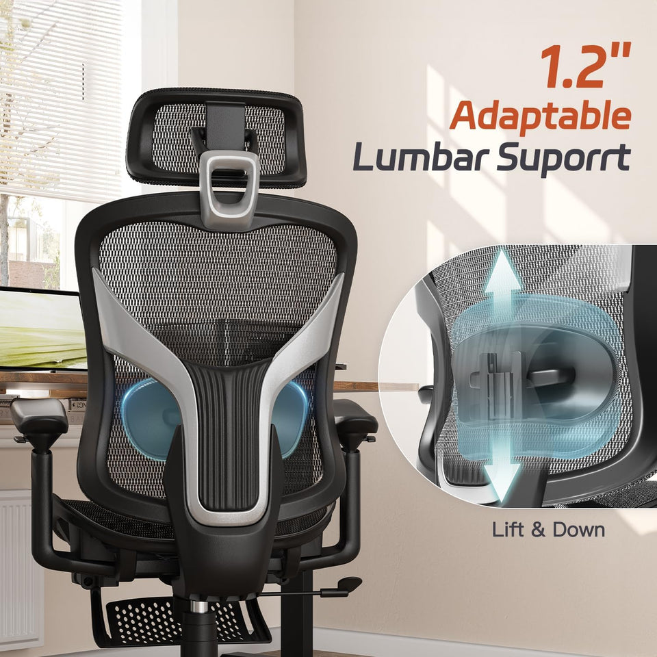 Ergonomic Office Chair, Mesh Desk Chair with Footrest, Adjustable Lumbar Support, 3D Armrest & Large Headrest, 3-Gear Tilt Recline, Stable Swivel Computer Gaming Chairs for Man Woman