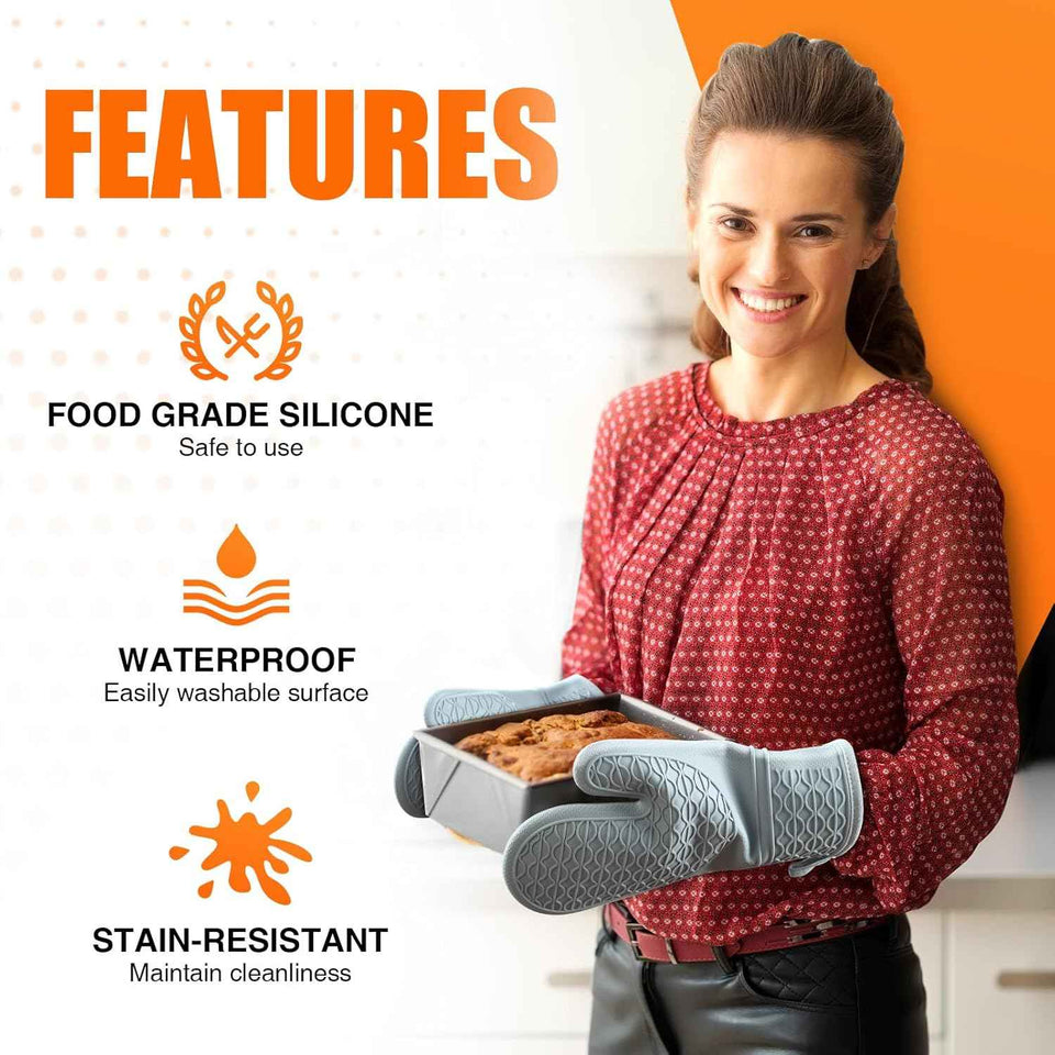 Grey Silicone Oven Mitts, Heat Resistant 2PCS with Soft Cotton Lining, Waterproof Grip, Kitchen Potholder, 12.5 Inch