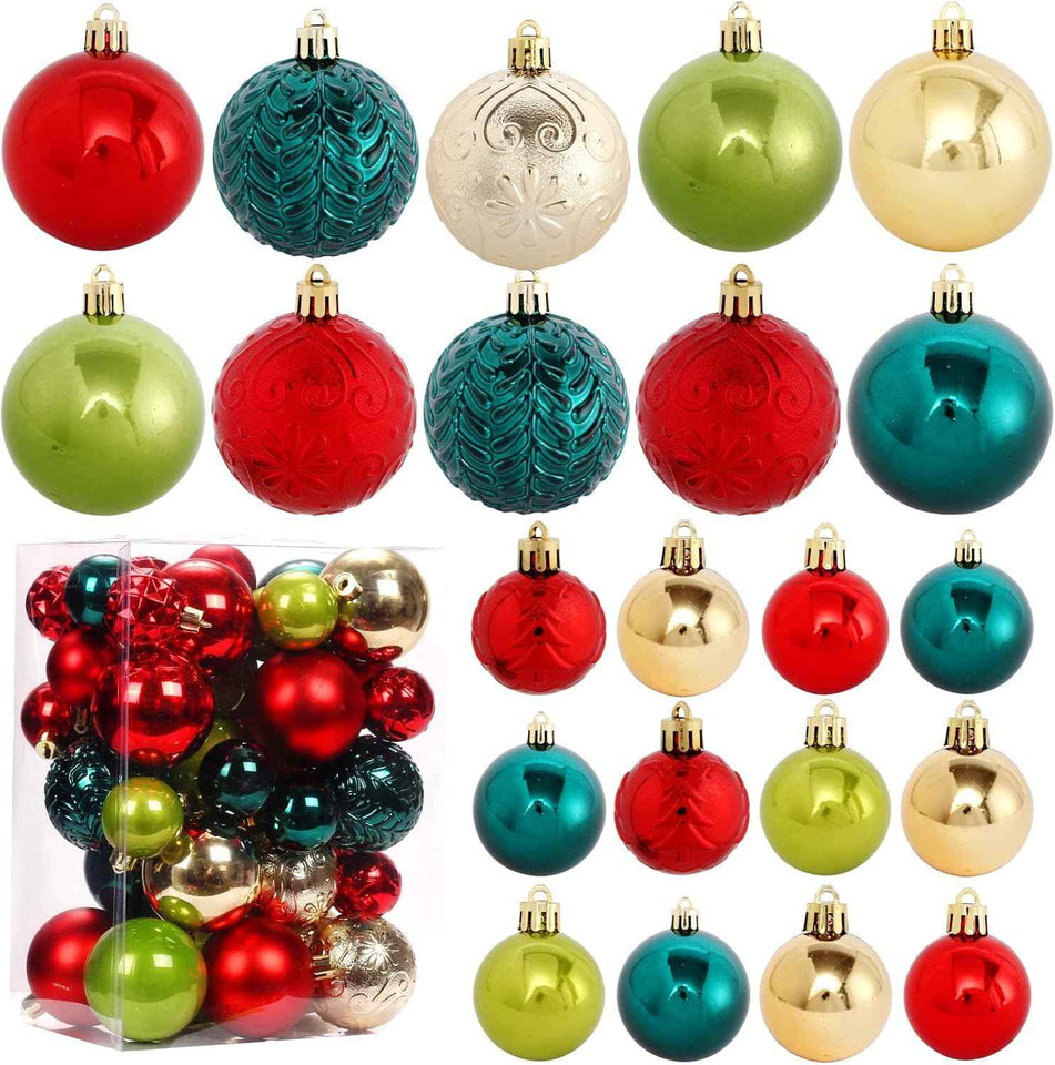 Christmas Tree Ornaments, Green Red White Christmas Ball Ornaments Set of 60 Pack Shatterproof Plastic Xmas Decorations for Home Party Tree