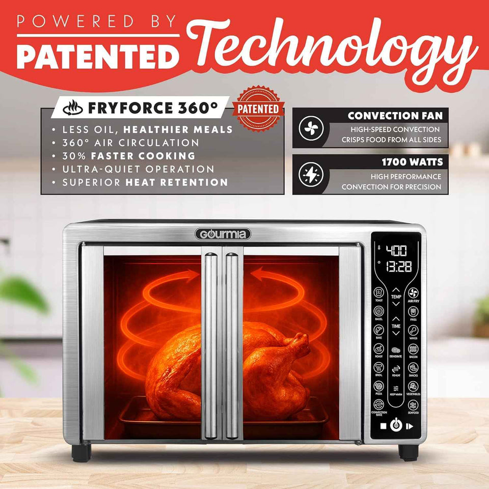 Gourmia 25 Qt French Door Air Fryer with 17 Cooking Presets and Digital Display