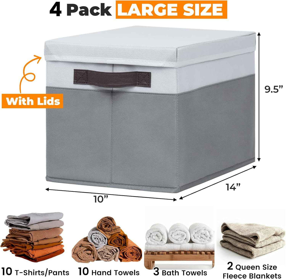 Large Closet Storage Baskets Bins with Lids - 4 Pack, Stackable Cubes for Nursery, Bedroom, Home, Dorm