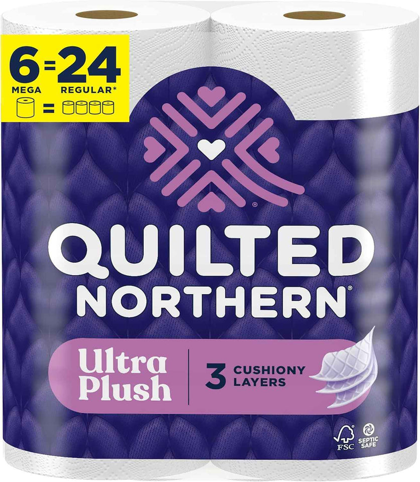 Quilted Northern Ultra Plush 3X Thicker 3X Absorbent 3 Ply Soft Toilet Tissue, 6 Mega Rolls, 24 Regular Rolls