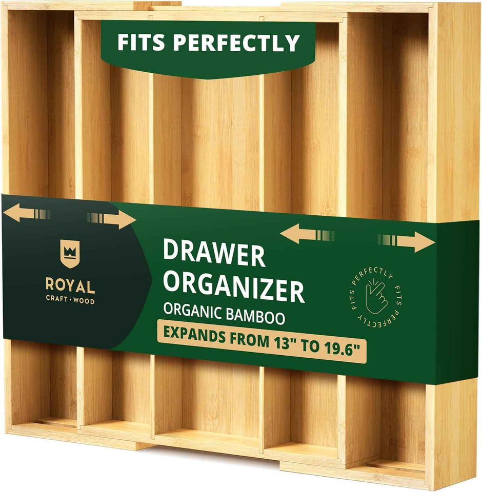 ROYAL CRAFT WOOD Luxury Bamboo Kitchen Drawer Organizer - Silverware Organizer, Utensil Holder & Cutlery Tray Drawer Dividers for Flatware (9 Slot, Natural)