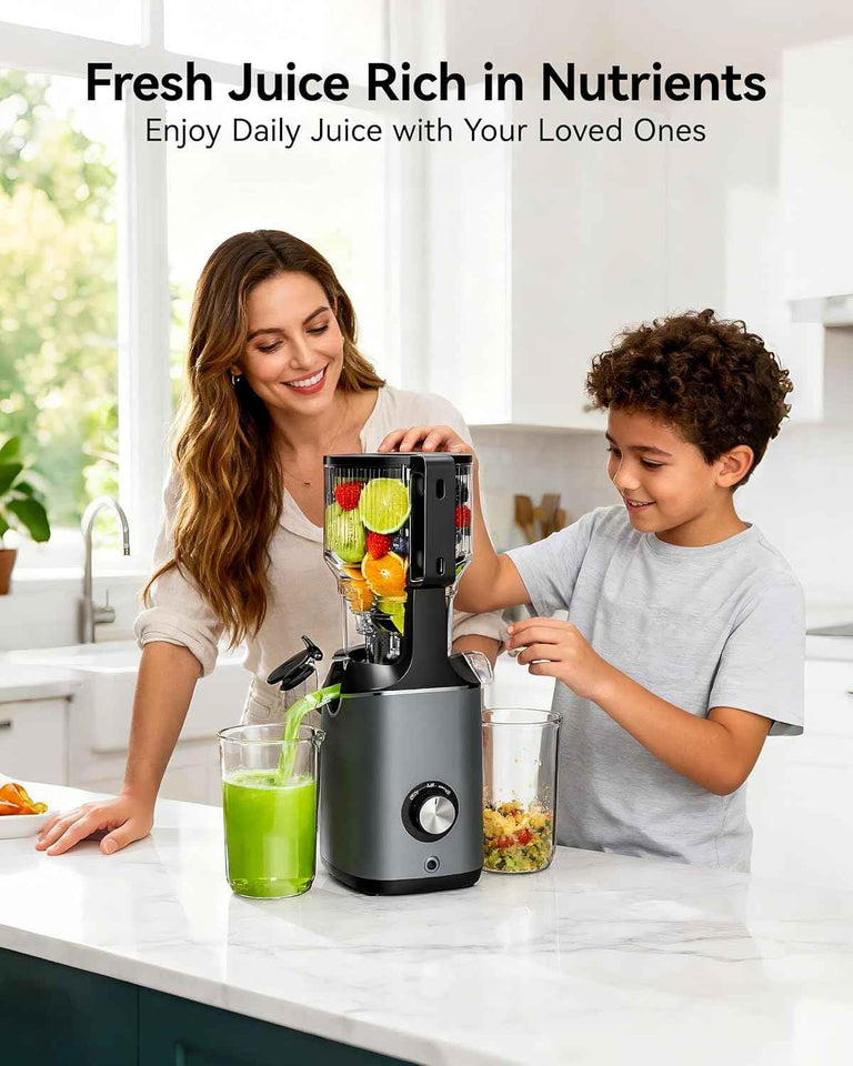 Cold Press Juicer, EUHOMY 5.8" Wide Feed Chute Juice Extractor Machine with 400W, High Juice Yield, Slow Masticating Juicer for Whole Vegetables & Fruits, Deep Silver