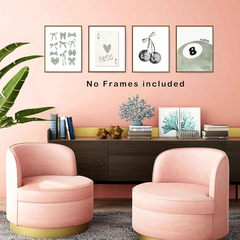 okaxscm Sage Green Coquette Trendy Preppy Wall Art Prints Set of 4, Coquette Preppy Room Decor Aesthetic, Green Bow Disco 8 Ball Cherry Wall Decor Posters for Girls Bedroom Dorm, 8x10 Unframed
