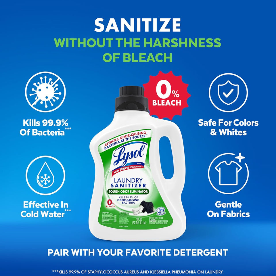 Lysol Tough Odor Eliminator Laundry Sanitizer Additive, Sanitizing Liquid for Gym Clothes and Activewear, 0% Bleach, Eliminates Odor Causing Bacteria, 90oz