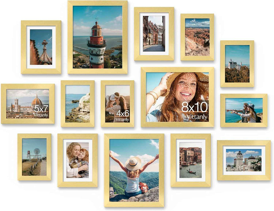 Vittanly 15 Pack Picture Frames Collage Wall Decor for Mounting or Tabletop Display, Gallery Frame Set for Family, Multi Sizes Including 3pcs 8x10, 6pcs 5x7, 6pcs 4x6, Black