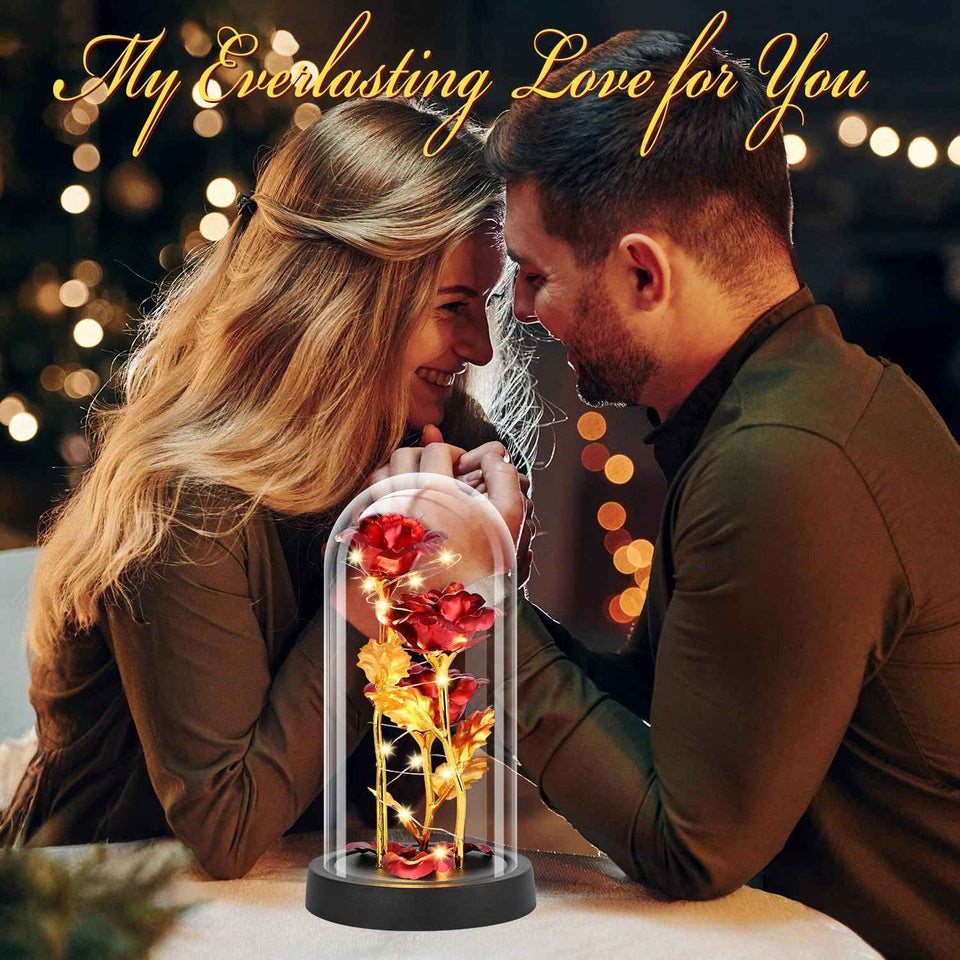 Red Valentines Day rose gift for her, women's light up glass rose in a dome, birthday gifts for women