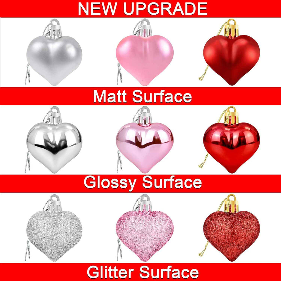 36pcs valentines heart shaped ornaments with red pink silver glitter baubles decorations set