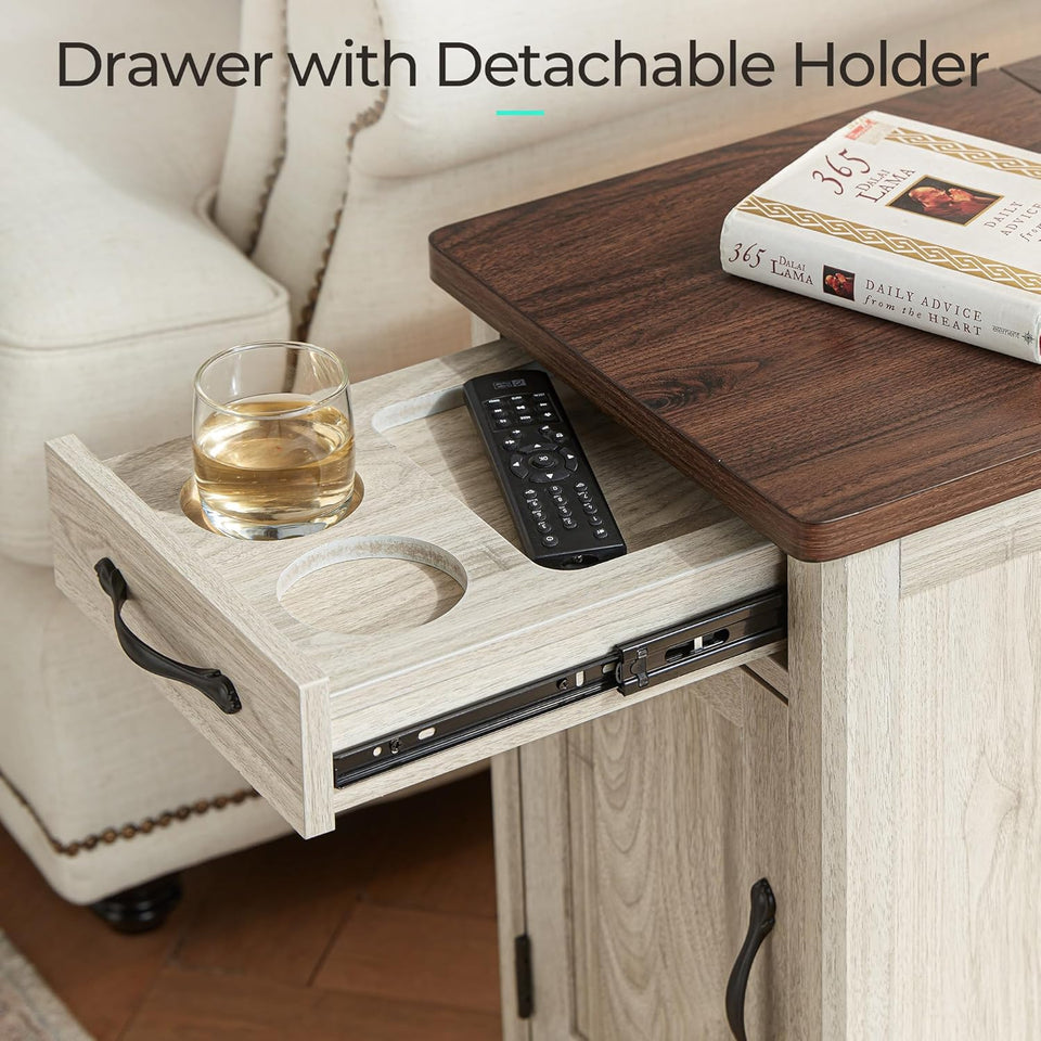 LINSY HOME Farmhouse End Table with Charging Station, Narrow Side Table for Living Room, Sofa Side Table with Drawer and Storage Cabinet, Small Nightstand for Home Office