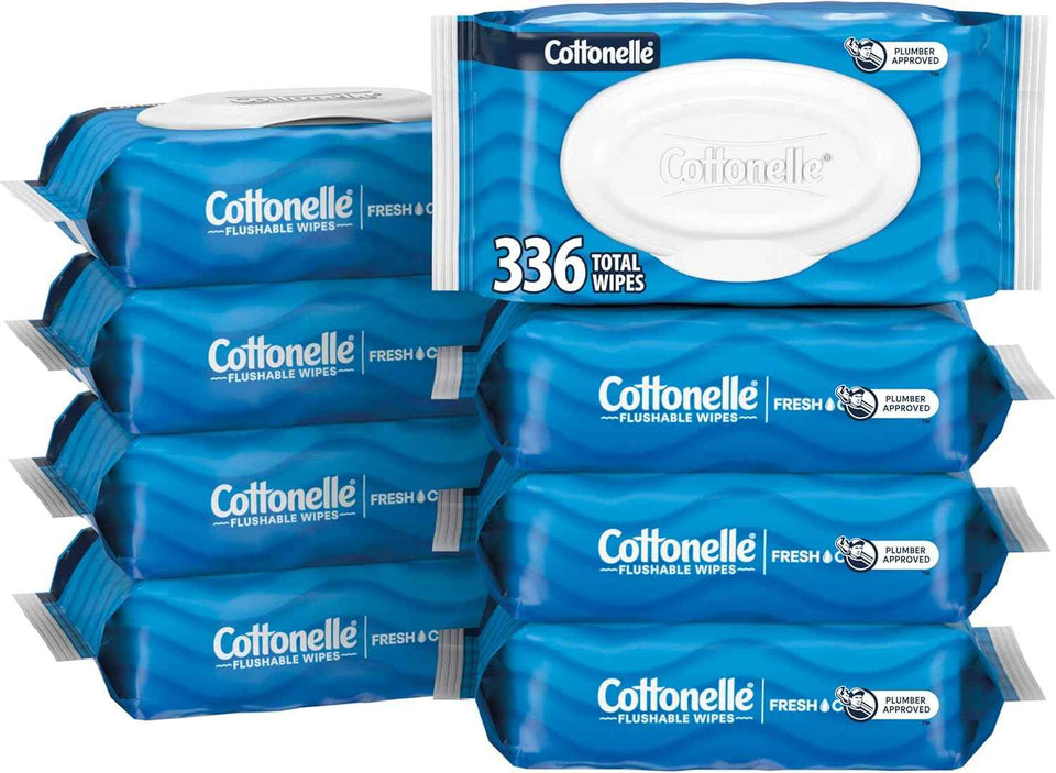 Cottonelle Fresh Feel Flushable Adult Wet Wipes, 8 Flip-Top Packs, 100% Flushable, Septic-Safe, 100% Residue Removal, 3x Cleaning Power