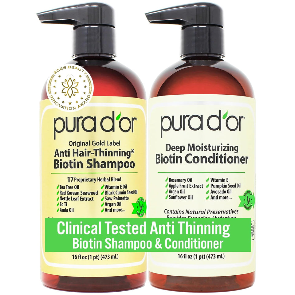 PURA D'OR Anti-Thinning Biotin Shampoo & Conditioner Original Gold Label Set (16oz x2) – CLINICALLY TESTED Formula for Volume, Strength & Thicker-Looking Hair – Helps Reduce Breakage For Women & Men | Deep Moisturizing, Conditioner, Product