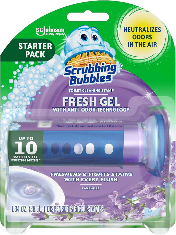 Scrubbing Bubbles Fresh Gel Toilet Bowl Cleaning Stamps, Lavender Scent, Helps Prevent Limescale & Rings, 1 Dispenser with 6 Fresh Gel Stamps