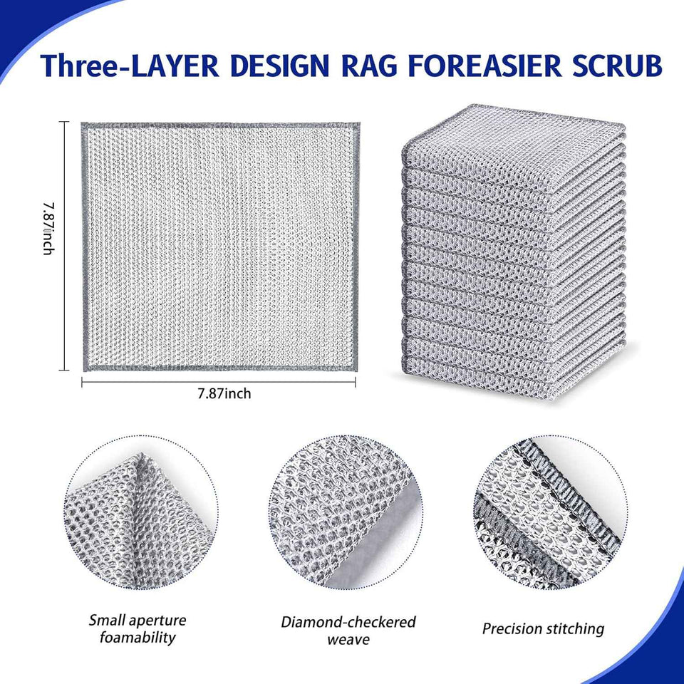 12 PCS 3-Layer Non-Scratch Multipurpose Steel Wire Dishcloths - Reusable Quick-Dry Odor-Free Scrub Cloths