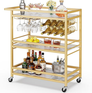 Leteuke Bar Cart for Home, 3 Tier Gold Serving Rolling Carts with Wheels, Drink Cart, Liquor Stand with Marbled Wooden Shelves, Wine Rack and Glass Holder for Kitchen, Dining Room